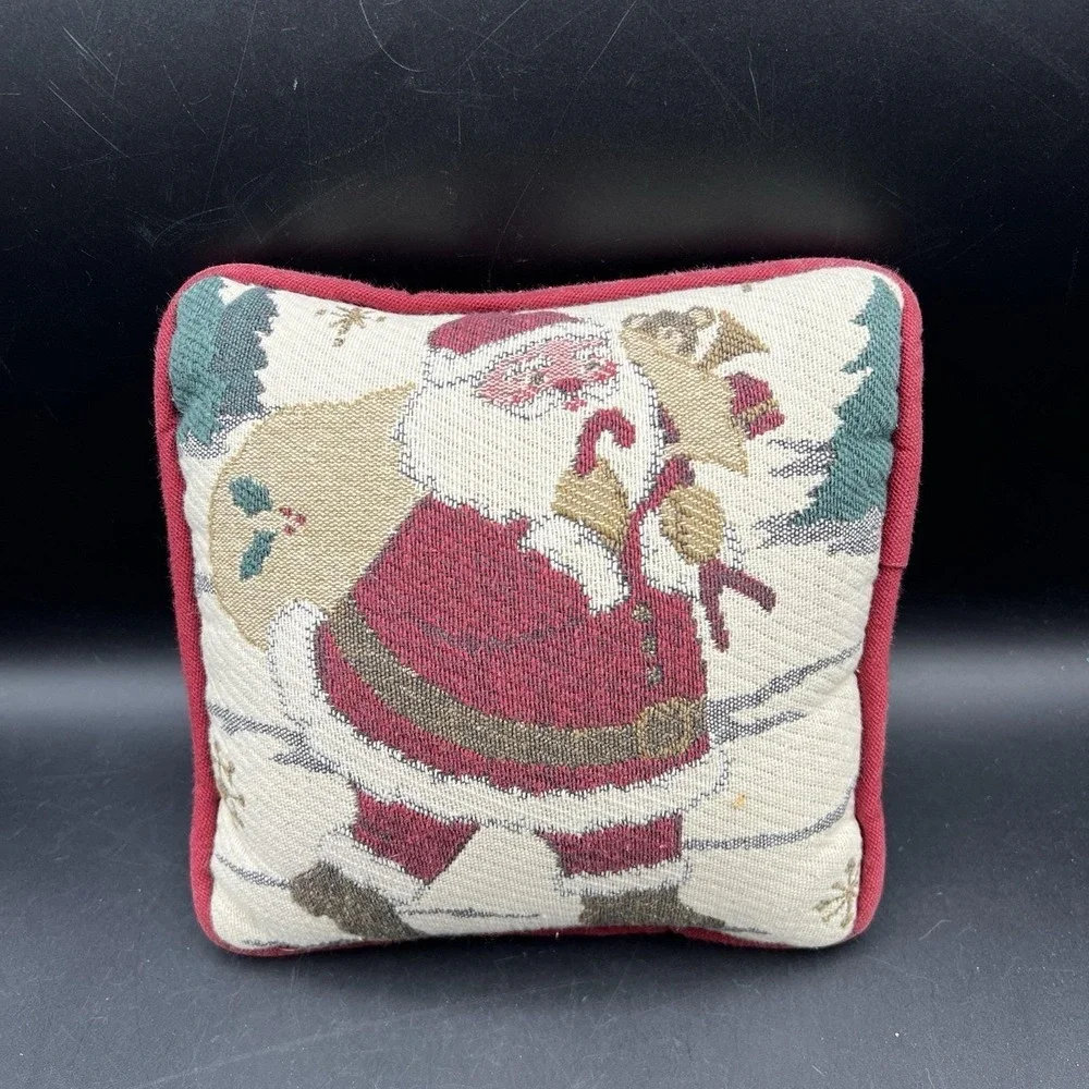 Vintage Christmas Santa Claus Tapestry Throw Pillow Decor 7x7x4 Red Back Quality